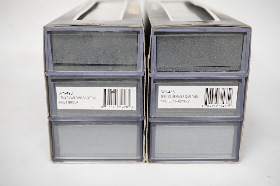 Two boxed Graham Farish N gauge railway DMU train packs; a Scotrail 170/4 3-car DMU (371-428), and a Chiltern Railways 168/1 3-car DMU (371-435). Condition - good.